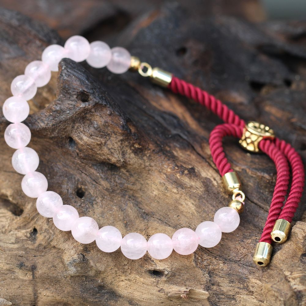Bratara Ajustabila din Margele de Cuart Roz, Snur Rosu