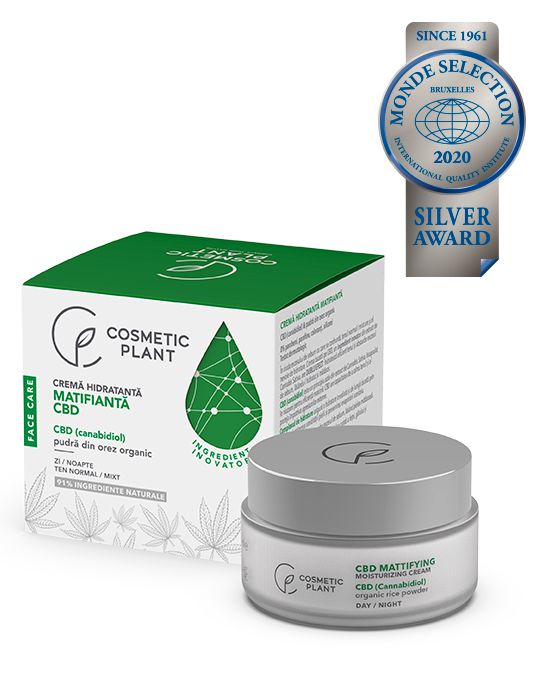 Crema hidratanta matifianta cu CBD (canabidiol) si pudra din orez organic, 50 ml