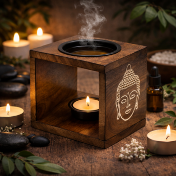 Arzator Mare Patrat pentru Uleiuri din Lemn de Mango – Chipul lui Buddha