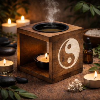 Arzator Patrat pentru Uleiuri din Lemn de Mango – Yin Yang