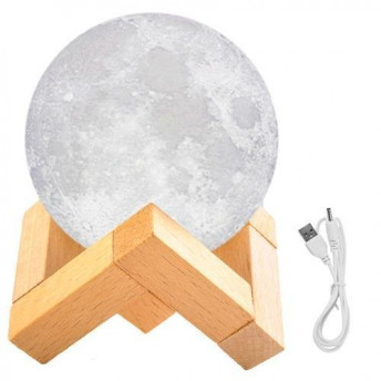 Lampa Luna 3D cu Suport din Lemn de Bambus, 8 cm, incarcare USB, 2 Moduri de Lumina