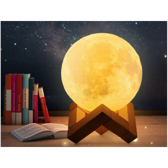 Lampa Luna 3D cu Suport din Lemn de Bambus, 8 cm, incarcare USB, 3 Moduri de Lumina