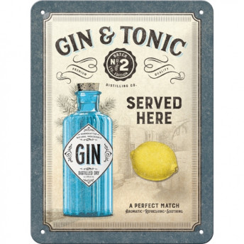 Placă Metalică Decorativă, "Gin & Tonic Served Here",  15 x 20 cm
