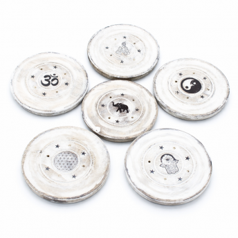 Set 6 Suporturi Rotunde pentru Betisoare si Conuri Parfumate Alb Spalat – Lemn Mango