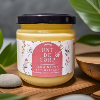 Unt de corp iluminator antioxidant 100% Natural cu mango, măceșe și Vitamina E – Savonia, 160 g