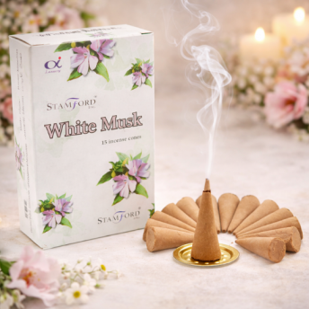 Conuri Parfumate Mosc Alb – Set 15 Conuri cu Suport