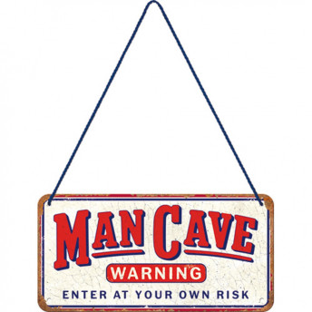Placă Decor Metalică cu Șnur "Man Cave Warning" 10x20 cm