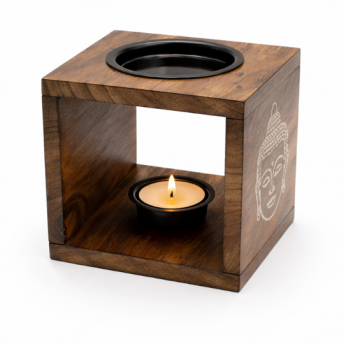 Arzator Mare Patrat pentru Uleiuri din Lemn de Mango – Chipul lui Buddha