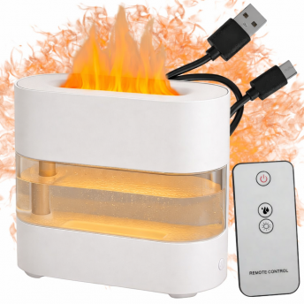 Difuzor Aromaterapie - Aer LED tip Semineu cu Efect Flacara – 300 ml, USB-C, Telecomanda, Alb