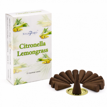 Conuri Parfumate Citronella si Iarba de Lamaie – Set 15 Conuri cu Suport