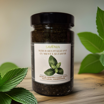Scrub 100% Natural Revitalizant cu Roinita, Menta Creata si Zahar, Savonia, 350 gr