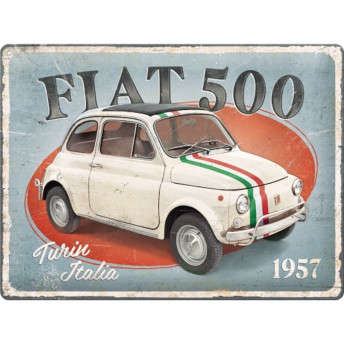 Placă Metalică Decorativă, "Fiat 500 - Turin Italia", 30 x 40 cm