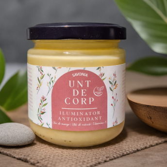 Unt de corp iluminator antioxidant 100% Natural cu mango, măceșe și Vitamina E – Savonia, 160 g