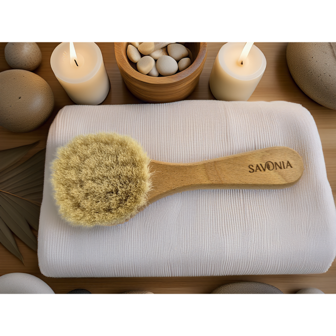 Perie Savonia pentru Masaj Uscat al Feței – Peri 100% Naturali de Capră, Lemn de Fag