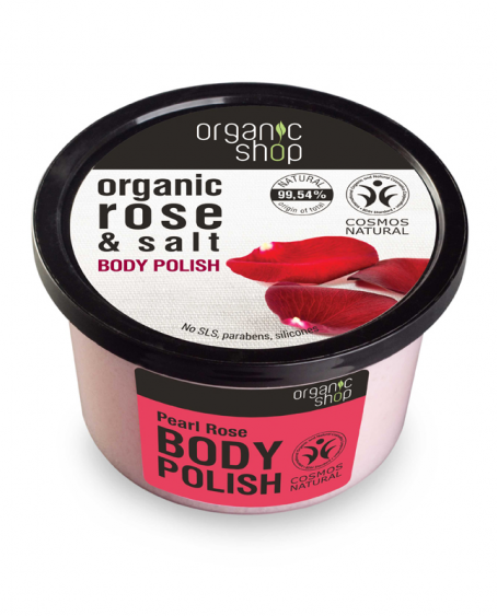 Exfoliant de corp polish cu sare marina si trandafir Pearl Rose, 250 ml - Organic Shop