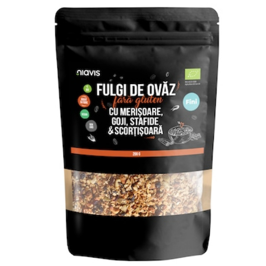 Fulgi de Ovaz Fini fara Gluten cu Merisoare, Goji, Stafide si Scortisoara Ecologici/Bio 200g NIAVIS
