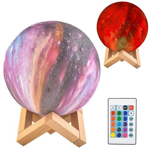 Lampa Luna Multicolor 3D cu Suport din Lemn de Bambus, 15 cm, incarcare USB, 20 Moduri de Lumina