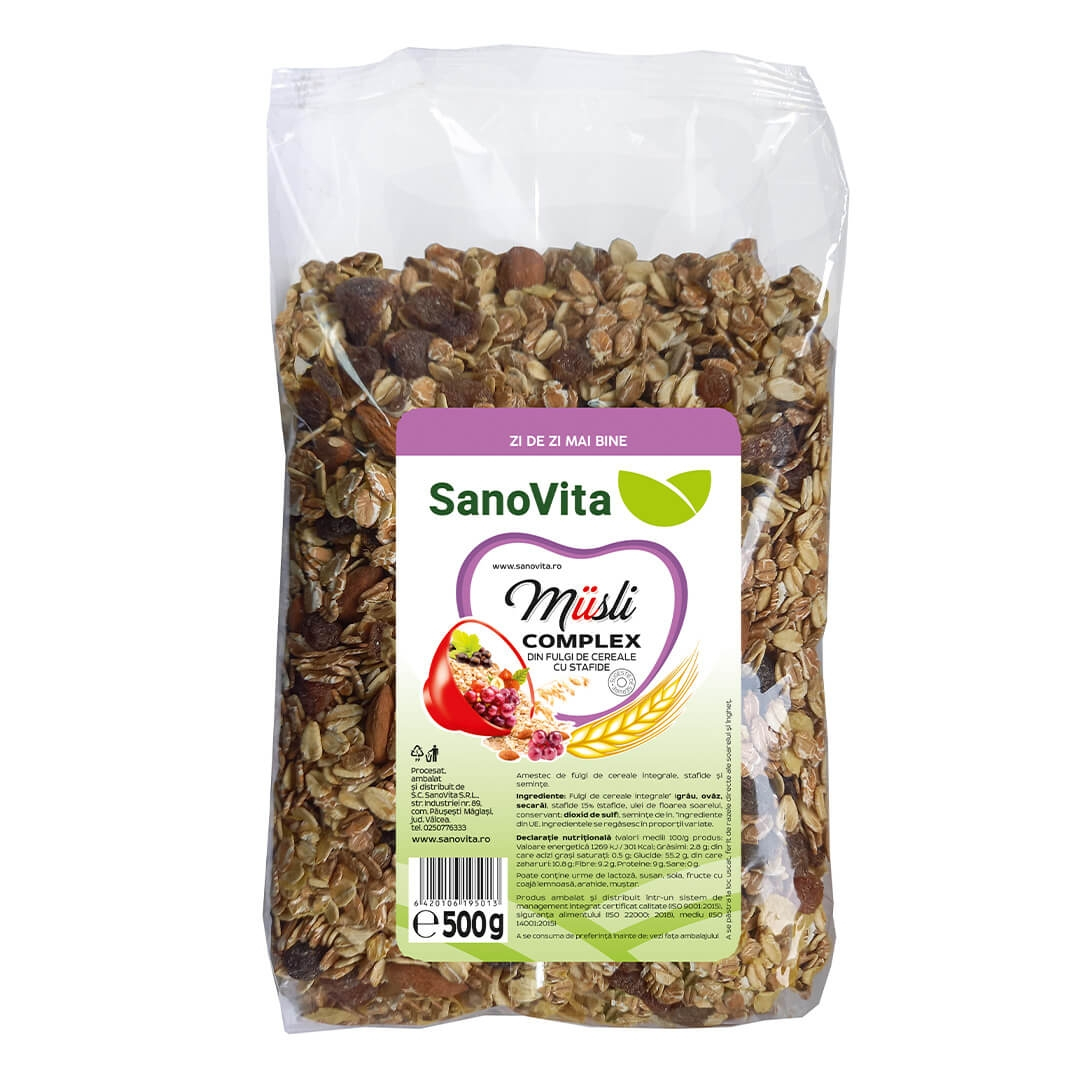 Musli Complex din Fulgi de Cereale cu Stafide 500g SANOVITA