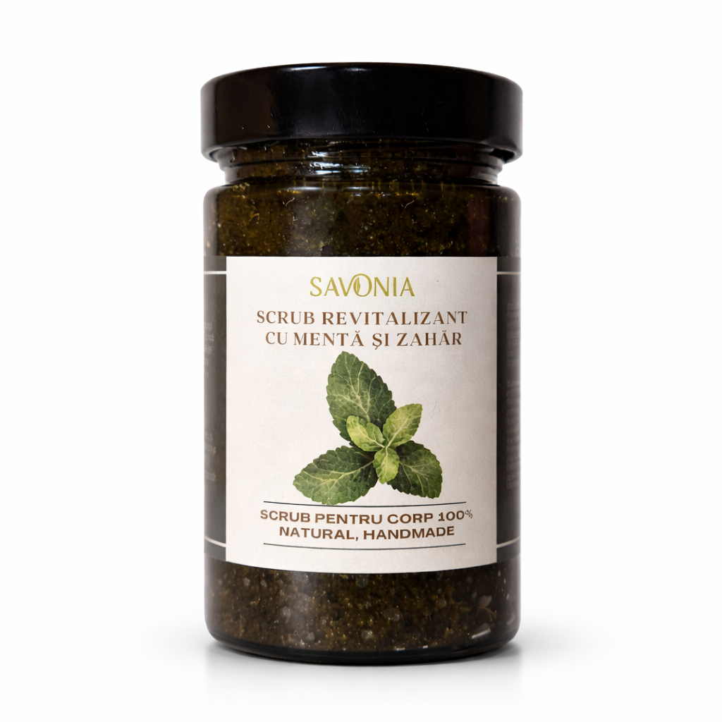 Scrub 100% Natural Revitalizant cu Roinita, Menta Creata si Zahar, Savonia, 350 gr