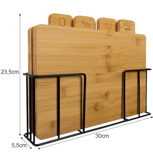 Set 4 Tocatoare din Lemn de Bambus 28 x 20 x 1 cm si Suport Tocatoare