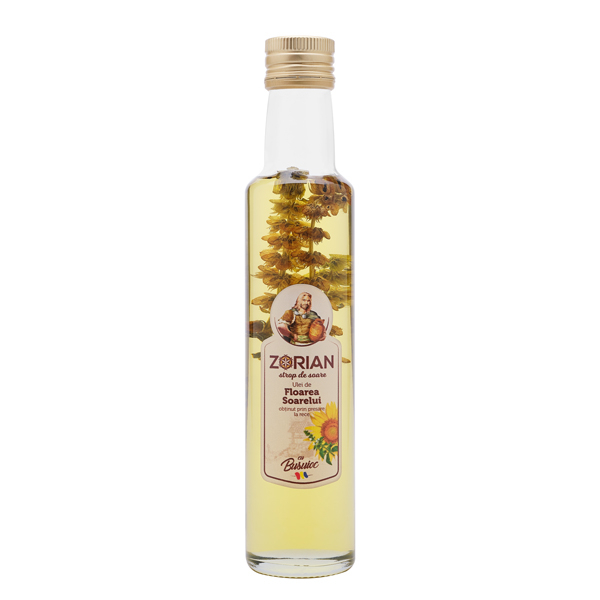 Ulei de floarea soarelui presat la rece, aromat cu busuioc - 250 ml