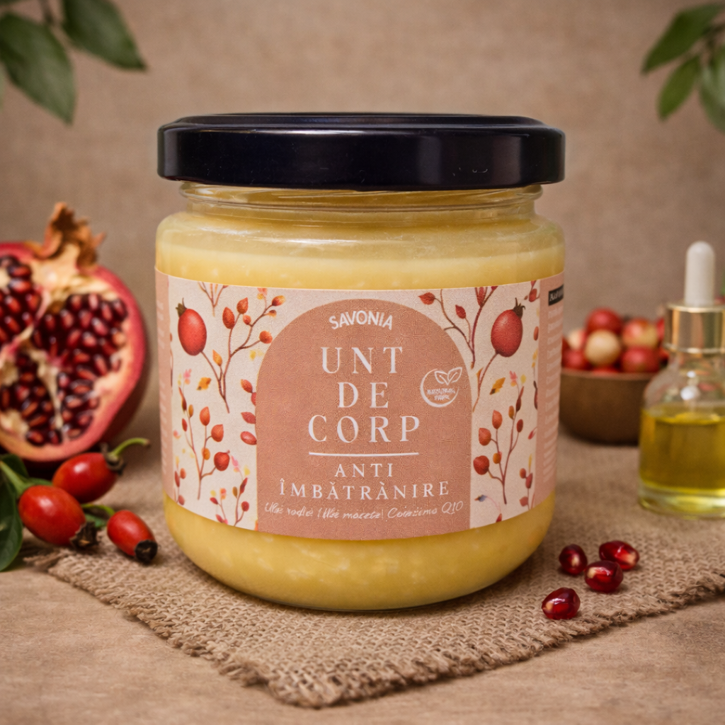Unt de corp anti-îmbătrânire 100% Natural cu rodie, măceșe și coenzima Q10 – Savonia, 160 g