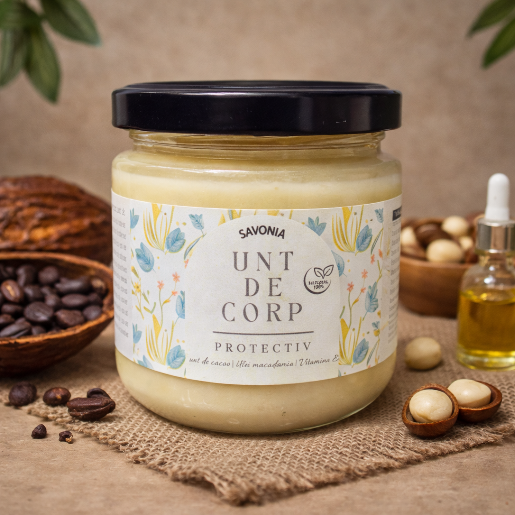 Unt de corp protectiv 100% Natural cu cacao, macadamia și Vitamina E – Savonia, 160 g